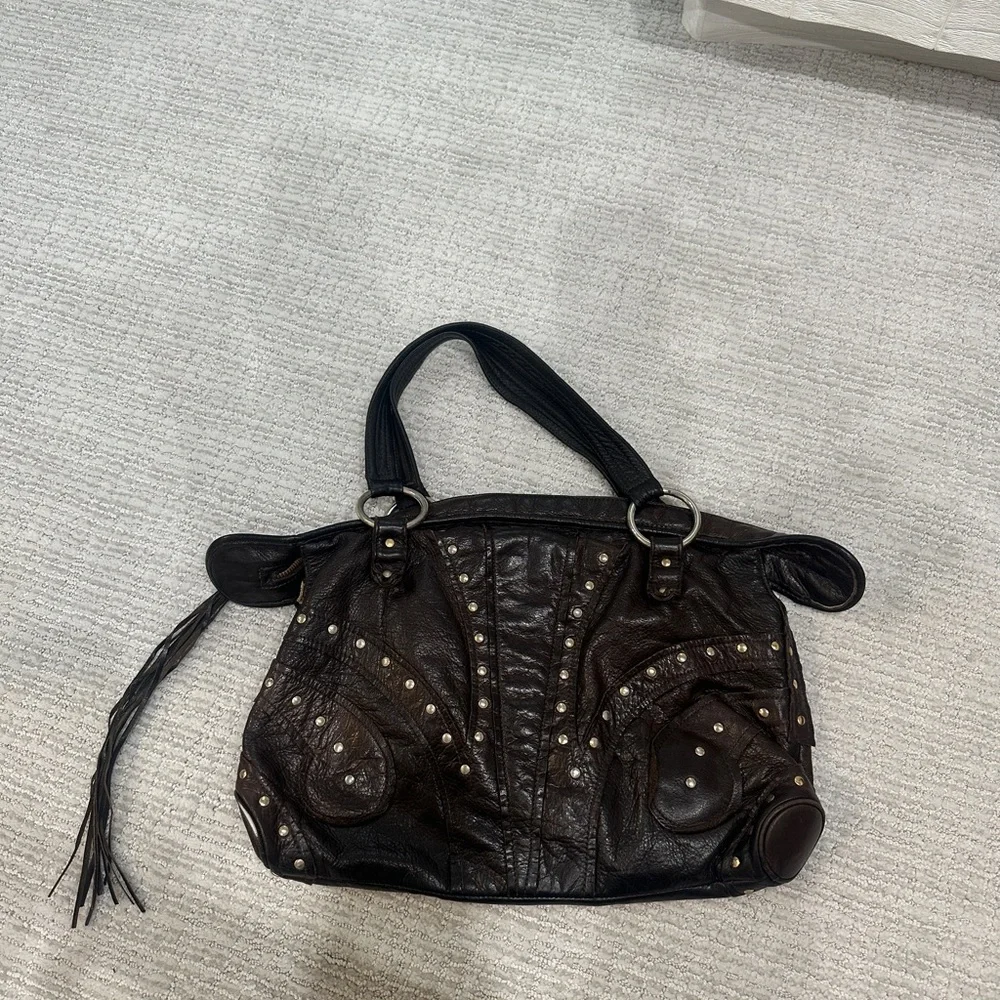 Bulga Studded Brown Leather Handbag - Picture 1 of 4